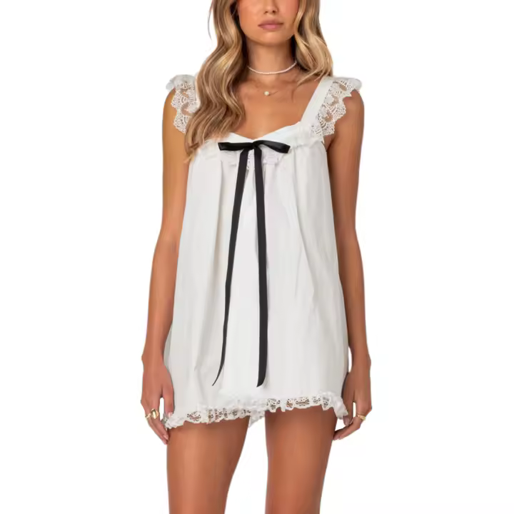 Vestido Mini de Encaje sin Mangas Elegante Cuello Cuadrado Sexy, Volante Corto, Moda Callejera Coqueta para Mujeres Y2K - 1