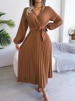 Vestido largo plisado de manga larga con cuello en V elegante para mujer - details 0