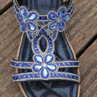 Sandalias planas de talla grande con diamantes de imitación de estilo étnico para mujer con diseño de correa trasera elástica - details 13