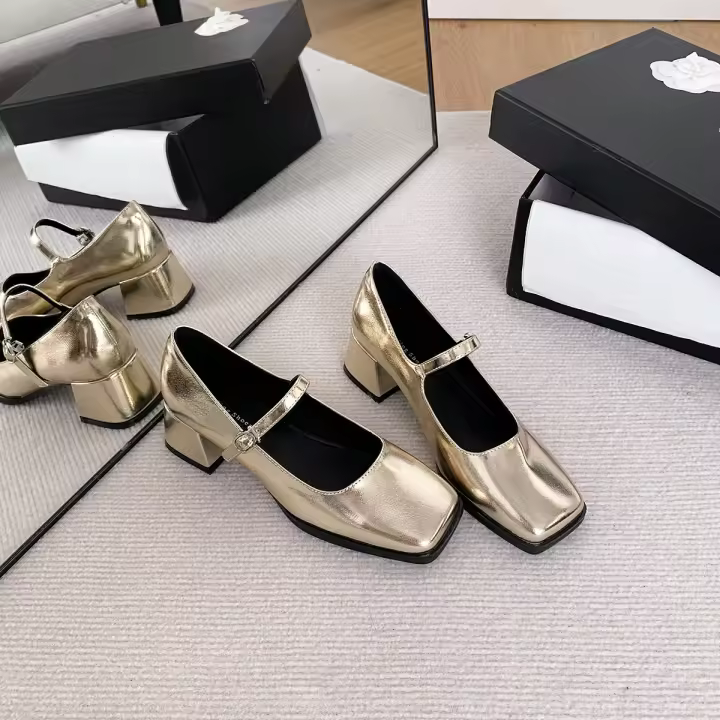 Zapatos sencillos con punta cuadrada y tacón grueso de nuevo estilo, zapatos plateados de tacón medio para mujer - 1