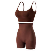 y pantalones cortos de cintura alta Conjunto de sujetador deportivo de color sólido para mujer para correr, entrenar, fitness - details 6