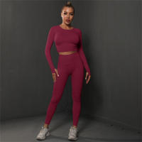 Conjuntos de gimnasio para mujeres 2 piezas manga larga ropa de yoga top cropped costilla alta leggings sin costuras material elástico para primavera/verano - details 4