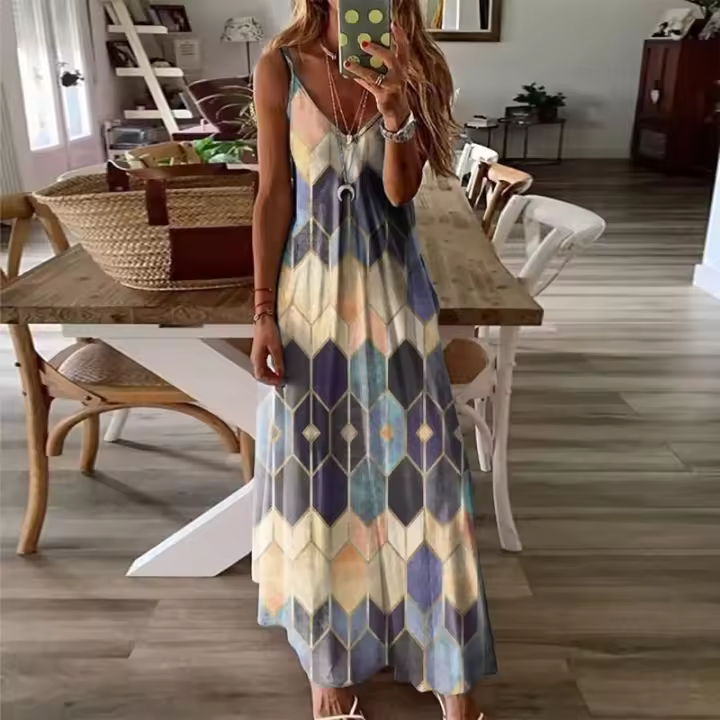 Vestido largo informal de verano para mujer, sin mangas con estampado de moda - 1