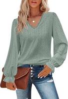 Camiseta con cuello en V para mujer Camisa superior de manga plisada informal hueca de otoño - details 15