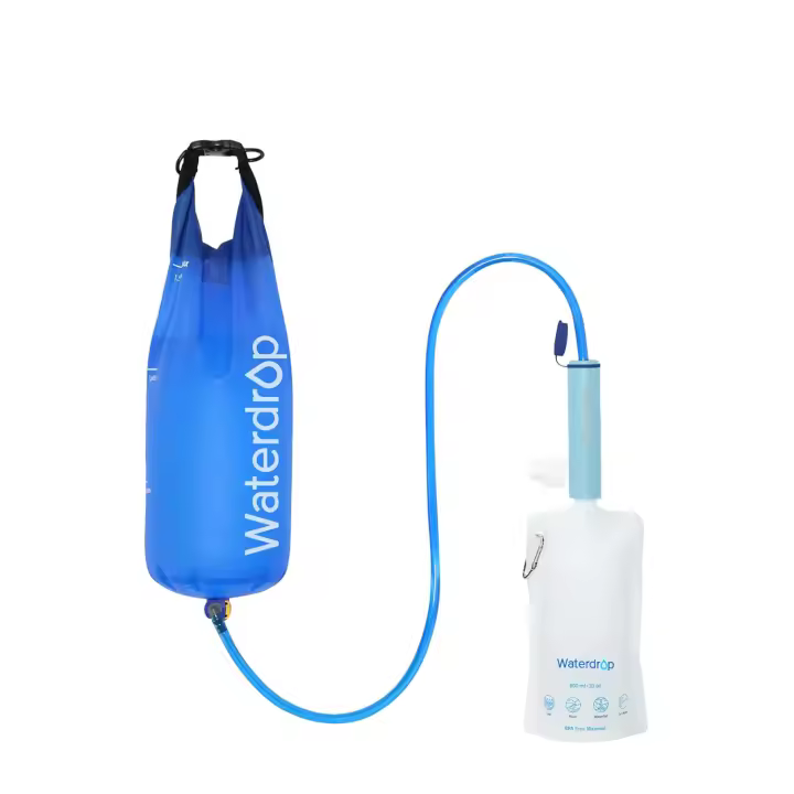 Sorbete de gotas de agua con bolsa de agua por gravedad con filtro de agua, sistema de filtración portátil para acampar, purificador de agua potable para viajes de emergencia, senderismo, azul claro - 1
