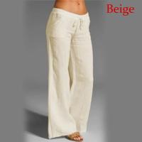 Pantalones de pierna ancha de lino y algodón para mujer, pantalón largo recto con cintura elástica y cordón, holgado e informal, con bolsillos lisos - details 6