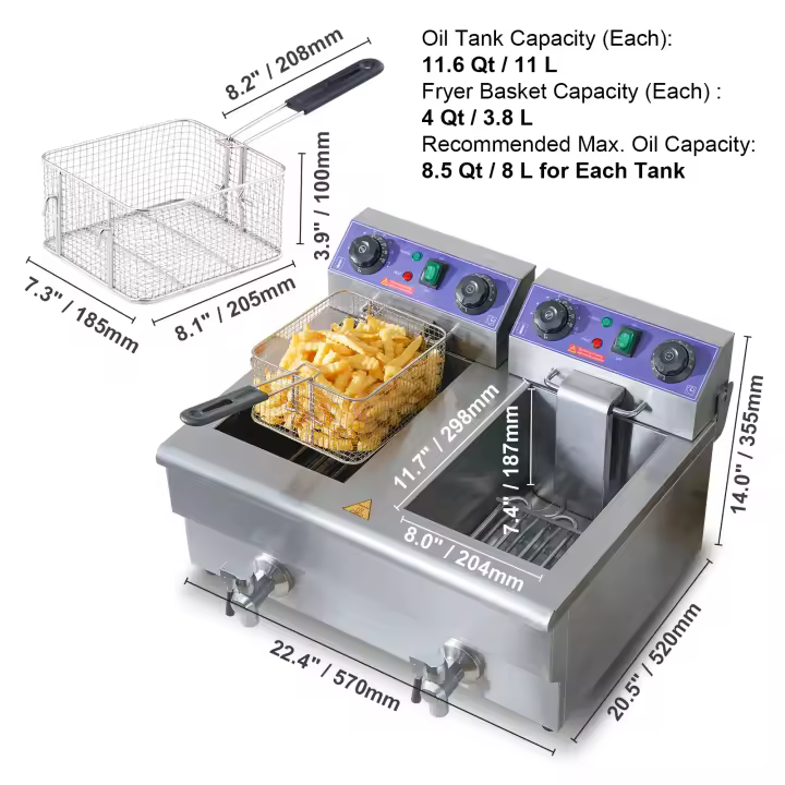 SucceBuy Freidora eléctrica comercial, 24 L, 5000 W, freidora de encimera de acero inoxidable con cestas extraíbles duales - 1