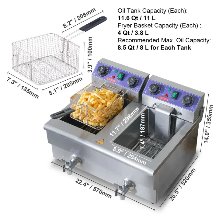 SucceBuy Freidora eléctrica comercial, 24 L, 5000 W, freidora de encimera de acero inoxidable con cestas extraíbles duales - 1