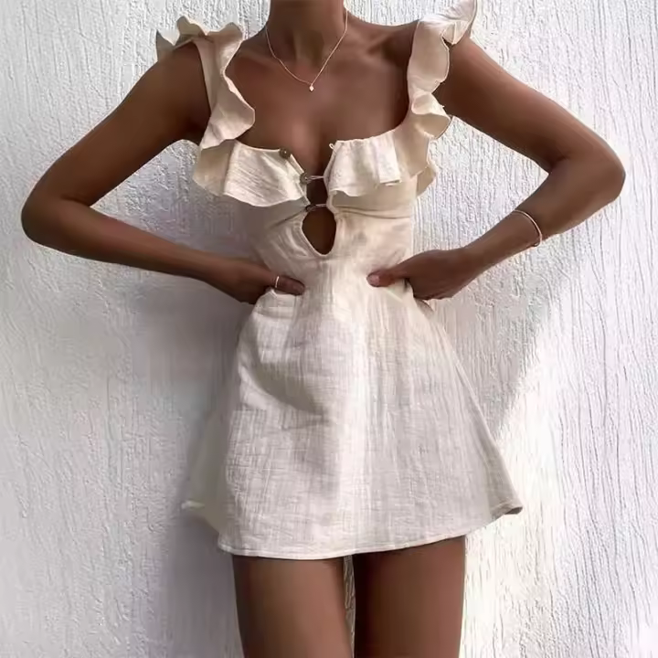 Verano ahueca hacia fuera el botón volantes corto sexy cuello en V sin mangas color sólido nueva vacaciones playa algodón en mini vestido - 1