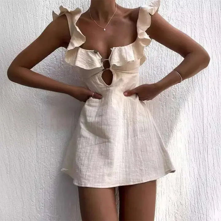 Verano ahueca hacia fuera el botón volantes corto sexy cuello en V sin mangas color sólido nueva vacaciones playa algodón en mini vestido - 1