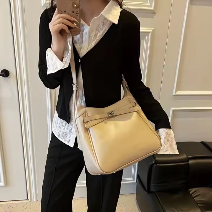 Bolso de hombro elegante para mujer de verano 2025: correa suave y ajustable, cierre de cremallera, diseño minimalista elegante en color crema con detalles marrones, bolso cruzado versátil | Bolso elegante | Forro de poliéster, bolso - 1