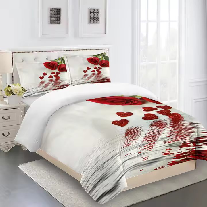 Juego de Ropa de Cama de Boda de San Valentín 3D con Flores y Corazón de Rosa Súper Lujoso Funda de Edredón y 2/3 Piezas a Tamaño Queen y Twin Personalizable - 1