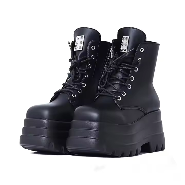 Botas de mujer de suela gruesa, botas de tacón medio estilo gótico negro con cordones de cuña, talla grande europea y americana - 1
