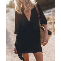 Vestido de lino y algodón de una pieza para mujer, Vestido corto con cuello en V, liso, con cordones, color negro, 2024 - details 7