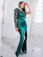 Vestido de noche de satén, lentejuelas de un hombro, vestido de graduación largo hasta el suelo dividido - details 4