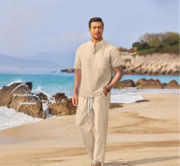 Primavera y verano, nueva ropa para hombres, pantalones sueltos informales de algodón y lino de manga corta, traje - details 4