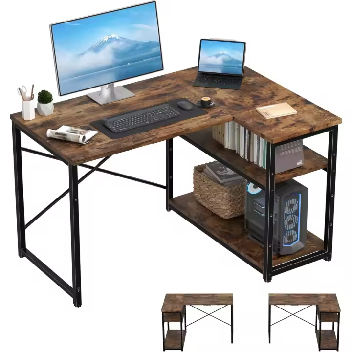Escritorio Escalinero Pequeño en L de 110x80 cm con Almacenamiento Mesa Ordenador de Esquina Reversible Marrón - 1