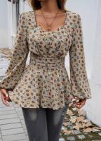 Top floral de manga larga para mujer, camiseta elegante con cuello cuadrado para ropa juvenil - details 12