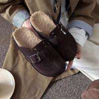 Zapatillas divididas para mujer, Sandalias planas de moda para exteriores con suela gruesa y cálida de piel de invierno, zuecos informales tipo mula, zapatos tabi para mujer - details 2