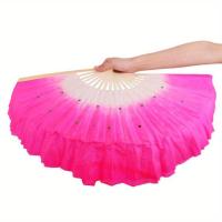 Abanico de baile corto de bambú con velo de rosa de arte popular chino para danza del vientre - details 2