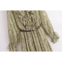 Elegante Vestido A-line Medio con Cinturón Manga Larga, Cuello en V, Cintura Elástica, Estampado de Volantes Moda Primaveral para Mujeres - details 3