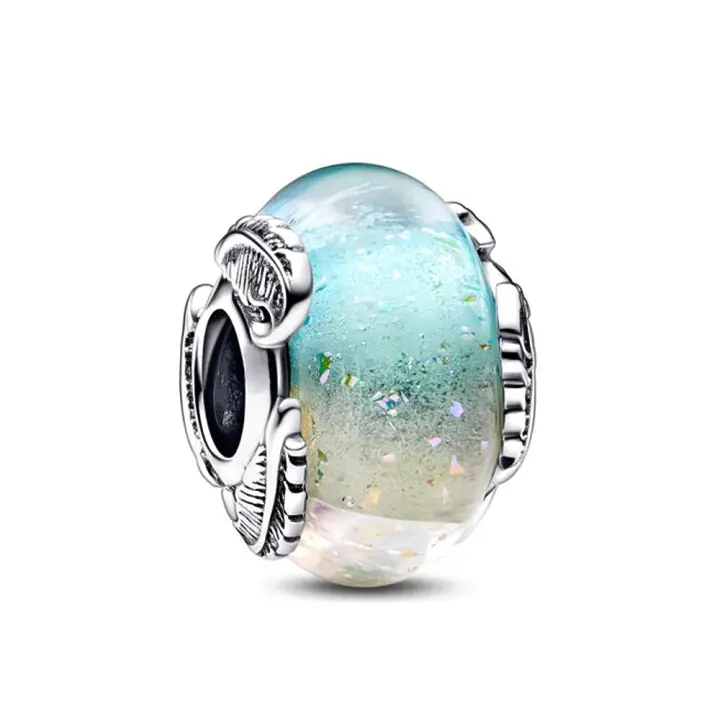 Pulsera de plata de ley 925 con cristal de Murano multicolor, pluma curvada y plata en forma de corazón, pulsera Original 925 para fabricación de joyas - 1