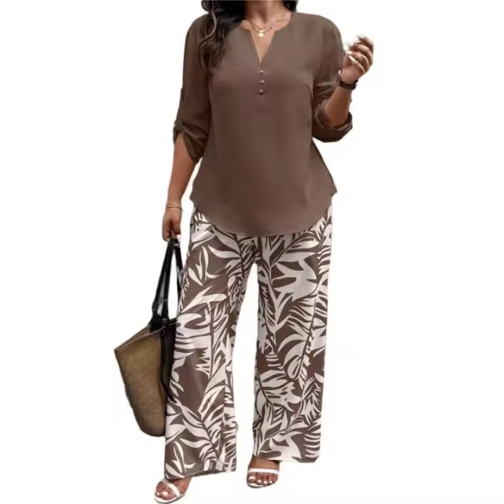 Conjunto Casual con Cuello en V Moda de Mujer Coordinado y Suelto - 1