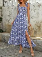 Vestido de playa informal con tirantes para mujer, estampado azul y blanco, lazo con abertura lateral, cintura elástica, verano - details 4