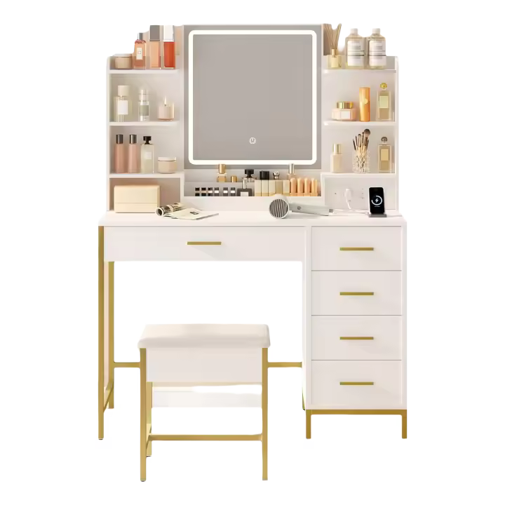 Maquillaje Moderno con Taburete Espejo HD con Luces LED Ajustables Enchufable y USB - 1
