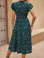 Vestido estampado de verano 2025, nuevo, elegante, para mujer, con cuello en V, lazo en la cintura y mangas con volantes. - details 9