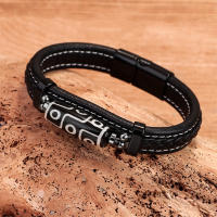 Brazalete Vintage Étnico para Hombre con Cuentas Dzi y Cuero Azul Marino, Pulsera Tejida a Mano con Simbolismo Tibetano, Joyería Masculina de Lujo, Regalos para Hombre, - details 6