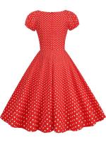 Vestido midi de fiesta informal con cuello en V y manga corta abombada de verano con estampado de puntos vintage elegante para mujer - details 13