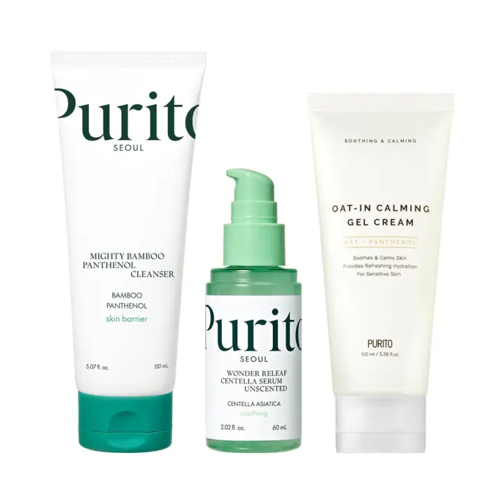 PURITO Mighty Bamboo Panthenol Cleanser, suero sin perfume Centella y crema en gel calmante de avena - 1