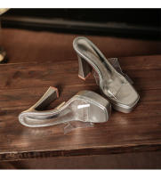 Transparente tacones altos impermeable mesa de una palabra cristal zapatillas frescas tacón grueso hermoso desgaste exterior verano super tacón alto - details 29