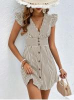 Vestidos camiseros de verano con cuello en V y manga mosca de un solo pecho para mujer con vestido estilo playa con estampado de rayas empalmadas - details 4