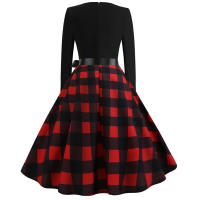 Women plaid print long sleeve vintage a line party dress v neck - details 7