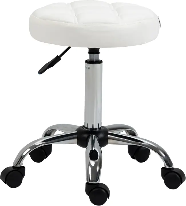 Taburete Giratorio con Ruedas Regulable en Altura de 48-63 cm Taburete de Trabajo Tapizado en Cuero PU para Peluquería Cosmética Dentista Diámetro Ø35,5 cm Blanco - 1