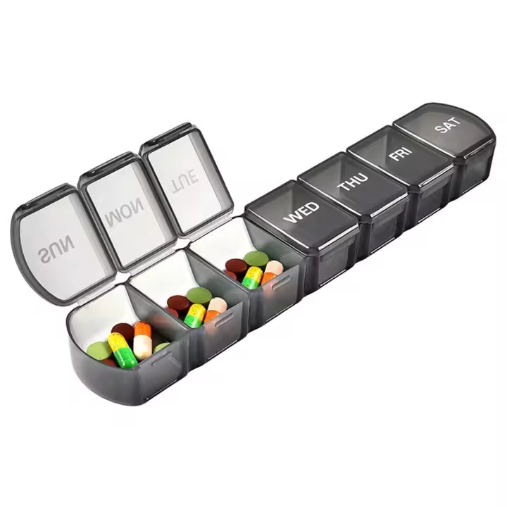 Contenedor de plástico para tabletas, divisores de 7 compartimentos, pastillero de viaje, minidispensadores, caja de almacenamiento de pastillas para 7 días, cajas de medicamentos - 1