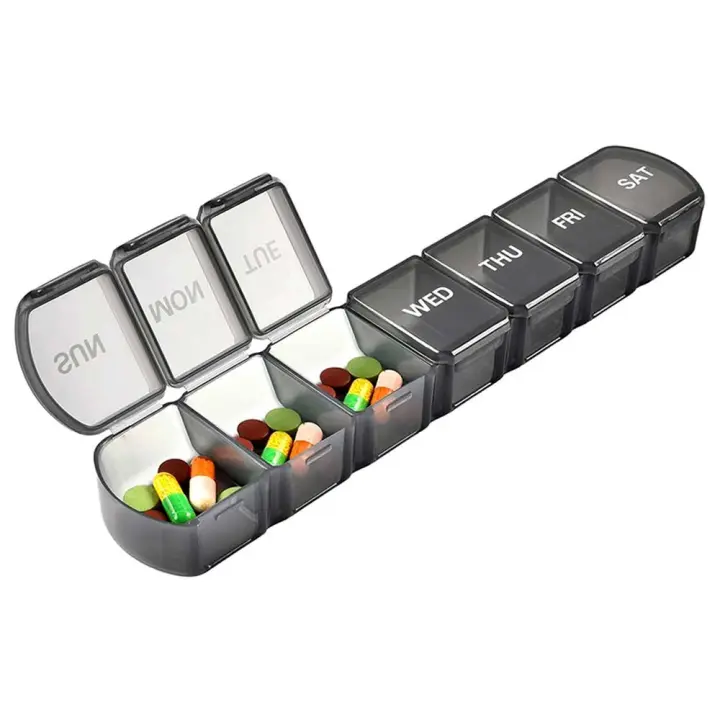 Contenedor de plástico para tabletas, divisores de 7 compartimentos, pastillero de viaje, minidispensadores, caja de almacenamiento de pastillas para 7 días, cajas de medicamentos - 1