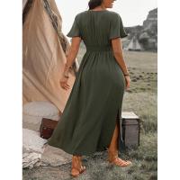 Vestido largo de verano 2024 de color sólido con cuello en V, manga acampanada, cintura elástica, adelgazante y con abertura. - details 9