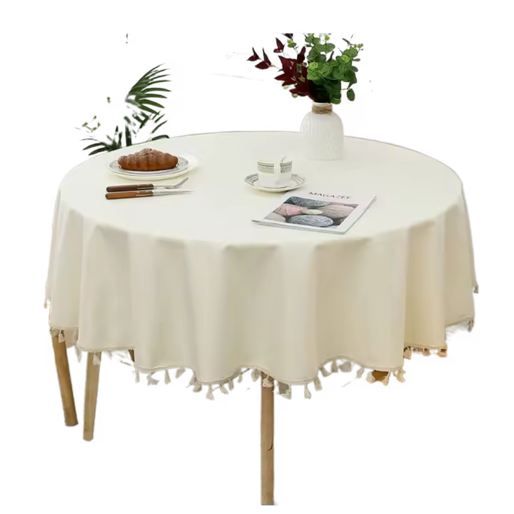 Decoración de mesa, mantel redondo de lino y algodón TPU con borla, cubierta para mesa de comedor, tapete impermeable de Color sólido, decoración del hogar - 1
