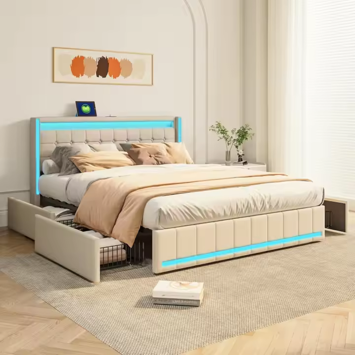 4 cajones, cama tapizada con almacenamiento cama doble acolchada con somier 160 x 200 cm con cabecera cama con láminas cama para 2 personas (PU blanco, 160 x 200) - 1