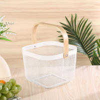 Decorative Wire Mesh Storage Basket with Wooden Handle for Kitchen, Bathroom - White, 24 x 24 x 16 cm - details 3