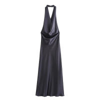 Vestido largo de satén sin mangas para mujer, casual Tre con escote grande y espalda abierta, fruncido, verano - details 17