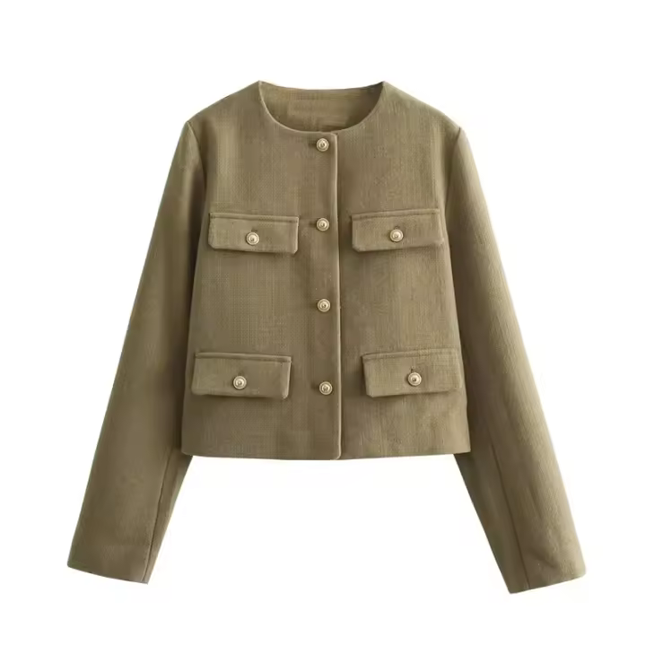 Elegante Chaqueta de Tweed Cortada para Mujer Manga Larga Botón Moda Nueva en Ropa de Abrigo - 1