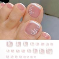 Juego De 24 Piezas Uñas Postizas De Acrílico Con Borde Blanco Y Flor Artísticas Para Pies Uñas Press on Removibles Para Fiestas - details 8