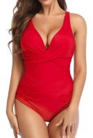 Bañador de una pieza con Control de barriga para mujer, traje de baño modesto con cuello en V - details 6