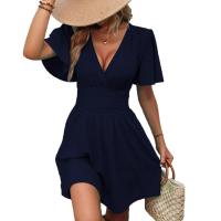 Vestido plisado de color sólido con mangas con volantes y cuello en V profundo nuevo de verano - details 2
