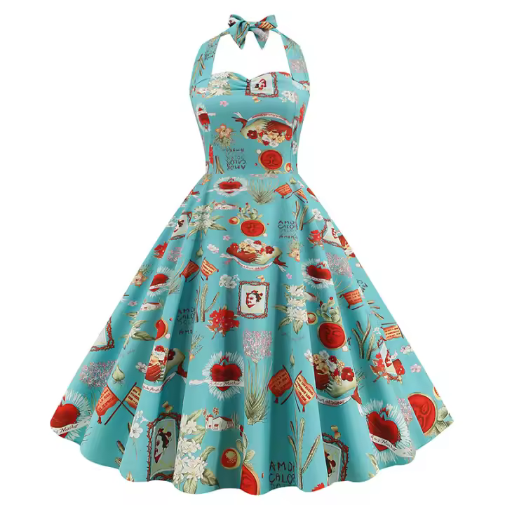 Vestido, mini estampado de algodón, vestido halter rojo, vestido estilo años 50 - 1