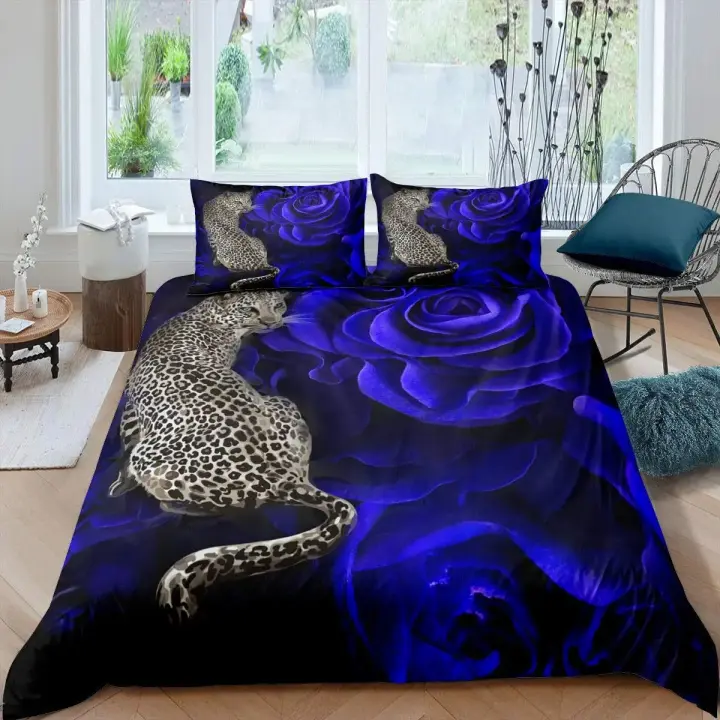 Juego de Funda de Edredón de Rosa Azul 3D Tamaño Rey Impresión Floral Bótanica de Poliéster - 1